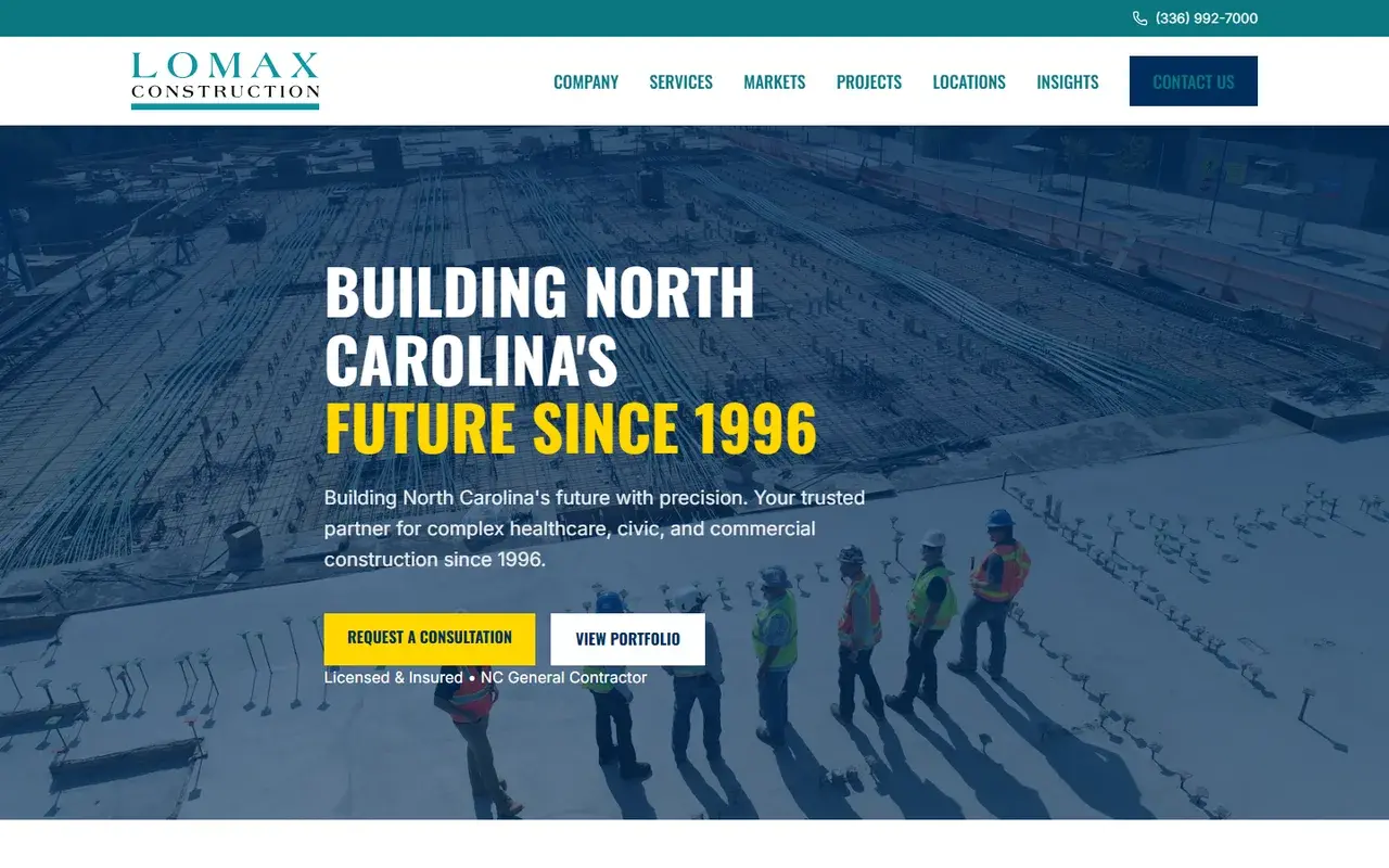 Lomax Construction homepage — "Building North Carolina's future since 1996"