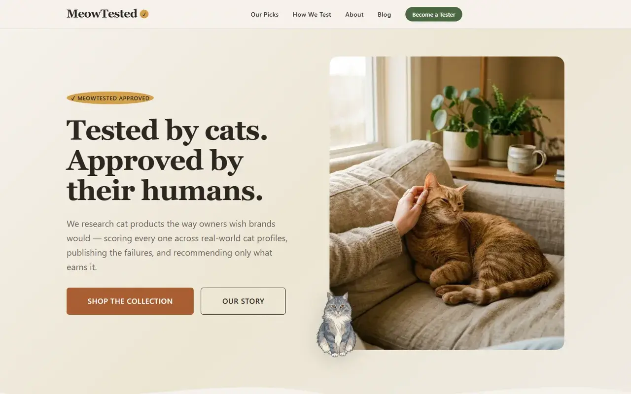 MeowTested homepage — "Tested by cats. Approved by their humans."