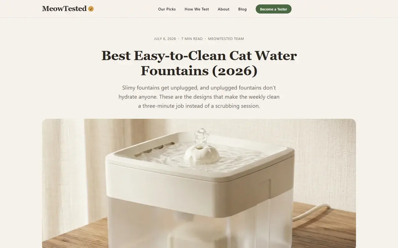 MeowTested product review page with Fit Analysis scoring