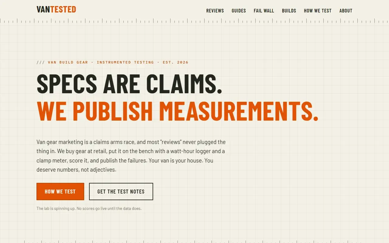VanTested homepage — "Specs are claims. We publish measurements."